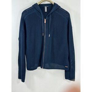Sweaty Betty Zip Hooded Sweater Knit Mesh Blue Navy Organic Cotton Size XL